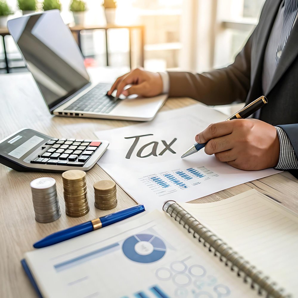 miami-tax-planning Financial professional reviewing documents and charts for miami tax planning with calculator, laptop, and tax report