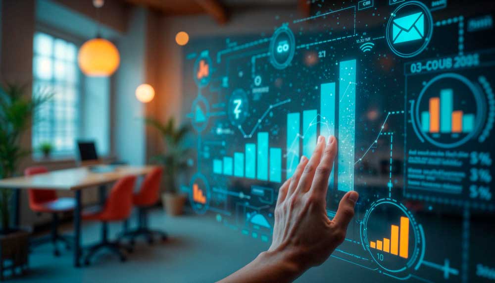 bookkeeping services miami digital financial dashboard displaying accounting analytics, growth charts, and business performance data in a modern office