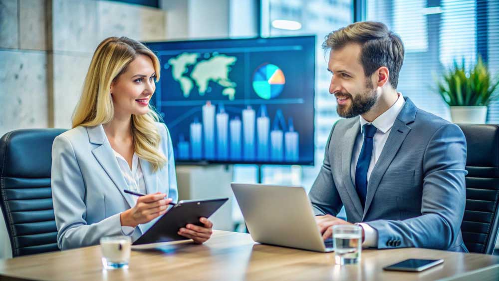 business-financial-consultant-miami Professional business meeting with financial data discussion led by a business financial consultant miami in a modern office