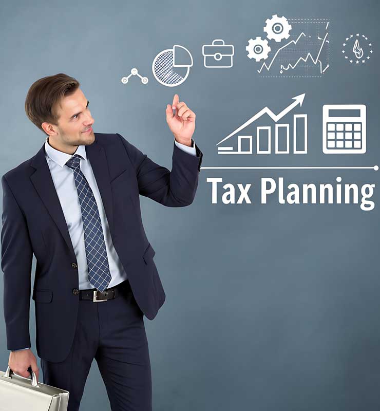 tax-planning-accountant-miami-fl Business professional pointing at tax planning charts and growth icons representing miami tax planning strategies