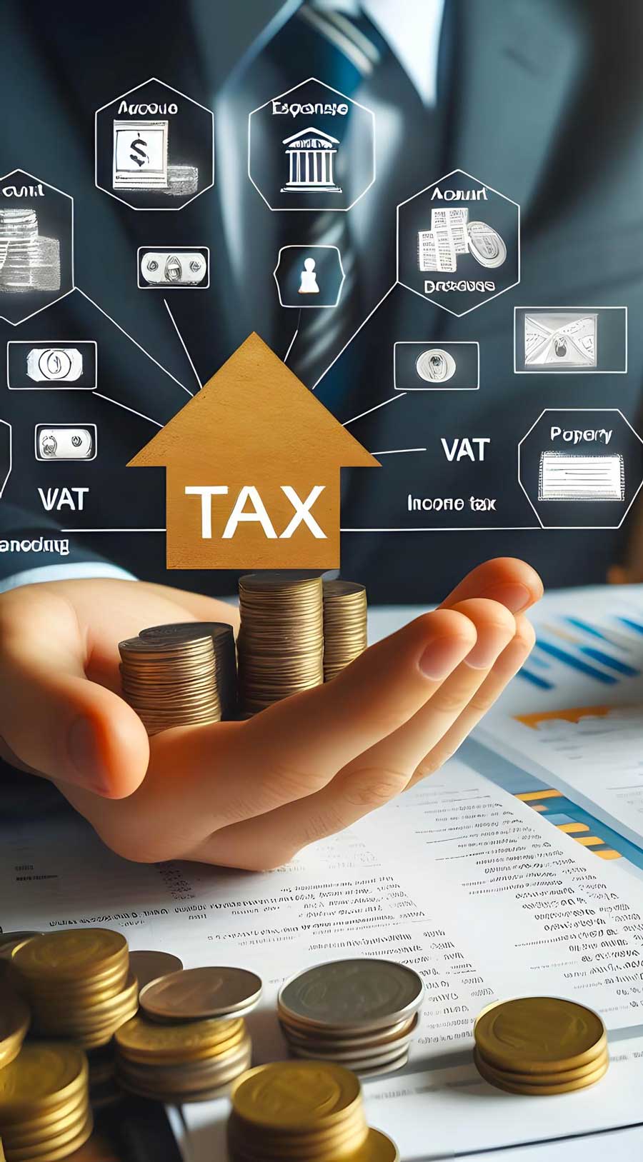 tab-pre-2 Hand holding stacked coins beneath a house-shaped TAX icon with financial charts, documents, and tax-related symbols in the background, illustrating income tax planning and compliance, Tax Preparation Miami